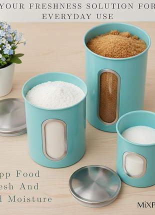 Mixpresso 3-Piece Aqua Blue Canisters Sets For The Kitchen, Airtight Canister Set With See Through Window, Storage Jars for Coffee Container, Tea Organizer & Sugar Canister, Kitchen Canisters