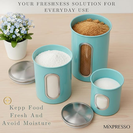 Mixpresso 3-Piece Aqua Blue Canisters Sets For The Kitchen, Airtight Canister Set With See Through Window, Storage Jars for Coffee Container, Tea Organizer & Sugar Canister, Kitchen Canisters