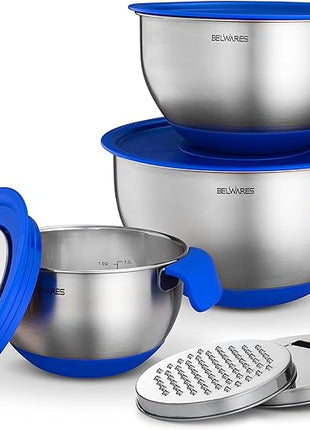 Belwares Mixing Bowls with Lids Set - Nesting Bowls with Graters, Handle, Pour Spout, Airtight Lids - Stainless Steel Non-Slip Mixing Bowl for Cooking, Baking, Prepping, Food Storage (Set of 3)