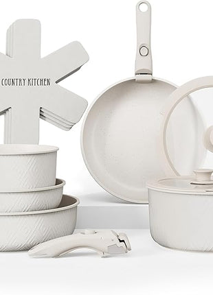 Country Kitchen Cookware Set with Removable Handle, Oven & RV Safe Pots and Pans Set, Cream Rhombus, Original