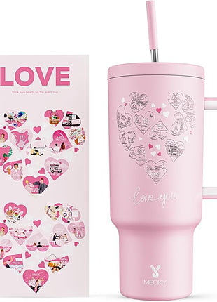 Meoky 40 oz Tumbler with Handle for Couples: Stainless Steel Insulated Tumbler with 24 Waterproof Love Stickers - Girlfriend Boyfriend Wife Husband, Love You