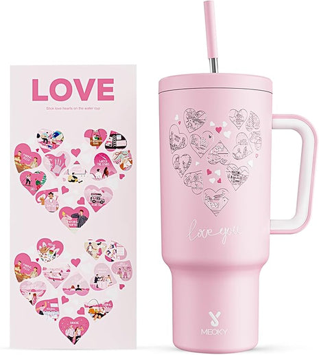 Meoky 40 oz Tumbler with Handle for Couples: Stainless Steel Insulated Tumbler with 24 Waterproof Love Stickers - Girlfriend Boyfriend Wife Husband, Love You