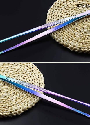 JETKONG 2 Pcs 12-Inch Culinary Tweezers Food Tweezers Kitchen Tweezer Tongs for Cooking (Rainbow)