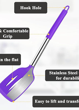 Silicone Spatula Spoon Set, 4 PCS Silicone Cooking Utensils Spatula Spoon Set with Stainless Steel Handle, BPA Free Kitchen Turners for Frying, Mixing, Serving, Draining, Turning, Stirring, Purple