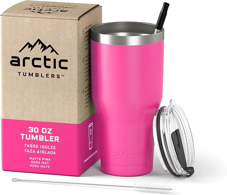 Arctic Tumblers | 30 oz Matte Pink Insulated Tumbler with Straw & Cleaner - Retains Temperature up to 24hrs - Non-Spill Splash Proof Lid, Double Wall Vacuum Technology, BPA Free & Built to Last