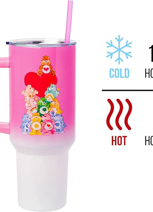 Silver Buffalo Care Bears Watercolor Heart Ombre Stainless Steel Tumbler with Handle and Straw, Fits in Standard Cup Holder, 40 Ounces