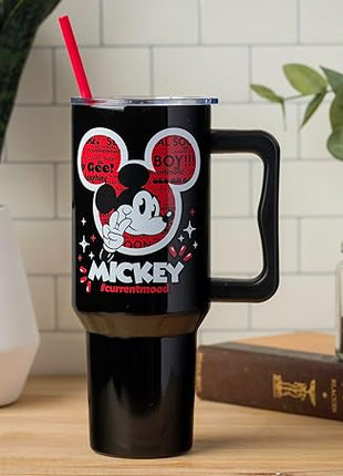 Silver Buffalo Disney Classic Mickey Mouse Hashtag Current Mood “#currentmood” Stainless Steel Tumbler with Handle and Straw, Fits in Standard Cup Holder, 40 Ounces (Pack of 12)