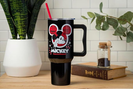 Silver Buffalo Disney Classic Mickey Mouse Hashtag Current Mood “#currentmood” Stainless Steel Tumbler with Handle and Straw, Fits in Standard Cup Holder, 40 Ounces (Pack of 12)