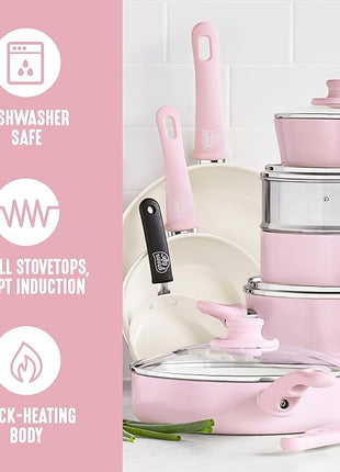GreenLife 16 Piece Nonstick Cookware Set, Soft Grip Non-Toxic PFAS-Free Ceramic Pots & Pans, Dishwasher & Oven Safe, Frying, Sauce, Saute, Utensils, Glass Lids, Stay-Cool Handles, Wobble Free, Pink