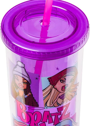 Silver Buffalo Bratz Grid Featuring Cloe, Yasmin, Jade, and Sasha Plastic Tall Cold Cup with Lid and Straw, 20 Ounces