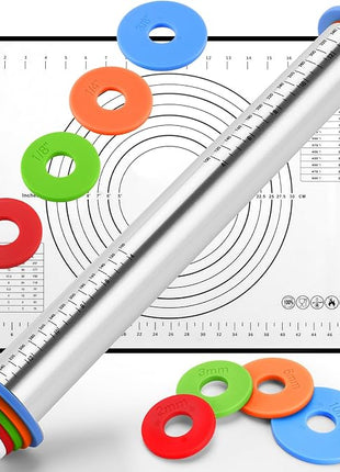 Rolling Pin nonstick and Silicone Baking Pastry Mat combo kit, Adjustable Rolling Pin With Thickness Ringsfor Baking Fondant, Pizza, Pie, Pastry, Pasta, Dough, Cookies (black)