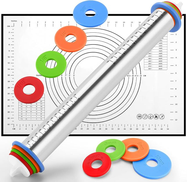 Rolling Pin nonstick and Silicone Baking Pastry Mat combo kit, Adjustable Rolling Pin With Thickness Ringsfor Baking Fondant, Pizza, Pie, Pastry, Pasta, Dough, Cookies (black)