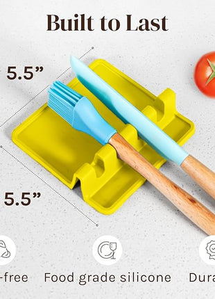 Yellow Silicone Spoon Rest for Stove Top with Drip Pad (Two Pack) - Heat Resistant BPA Free Utensil Rest & Spoon Holder for Kitchen Counter - Grill Utensil Holder - Spatula Holder, Tongs, Ladle