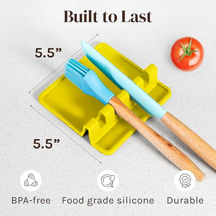 Yellow Silicone Spoon Rest for Stove Top with Drip Pad (Two Pack) - Heat Resistant BPA Free Utensil Rest & Spoon Holder for Kitchen Counter - Grill Utensil Holder - Spatula Holder, Tongs, Ladle