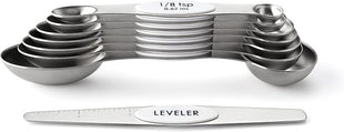 Spring Chef White Stainless Steel Magnetic Measuring Spoons Set of 8 with Leveler, Dual Sided Metal Teaspoon & Tablespoon Measuring Spoons, Fits in Spice Jars, Kitchen Gadgets for Baking & Cooking