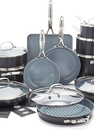 GreenPan 22 Piece Valencia Pro Ceramic Nonstick Cookware Set, PFAS-Free, Induction Ready, Hard Anodized Pots & Pans with Lids, Compatible on All Cooktops, Dishwasher & Oven Safe, Gray