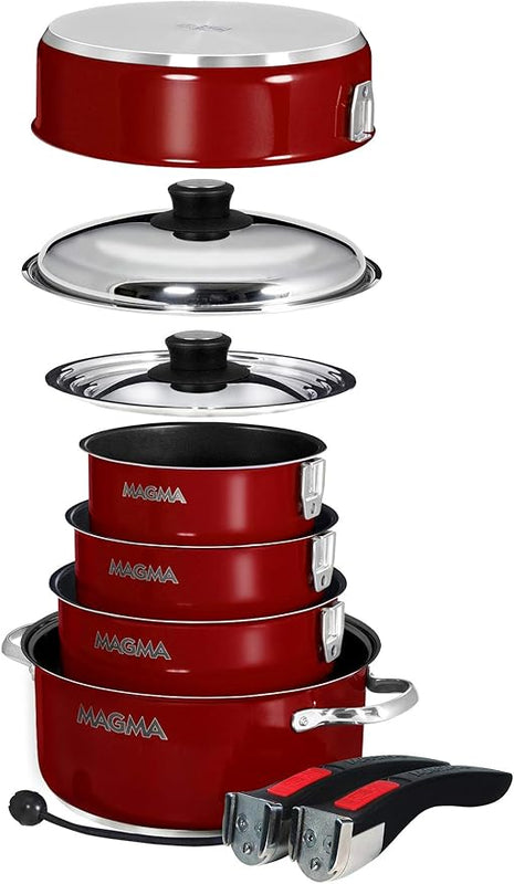 Magma 10 Piece Gourmet Nesting Stainless Steel Cookware Set with Ceramica Non-Stick, Induction Compatible, Oven Safe to 500°F - Suitable for All Stovetops, Removable Handles, Red