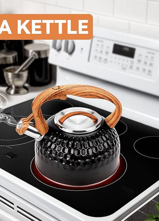 Whistling Teapot, 2.6 Qt 304 Food Grade Stainless Steel Tea Kettle with Heat-resistant Handle, Durable, not Rust，One-button Switch(BLack）