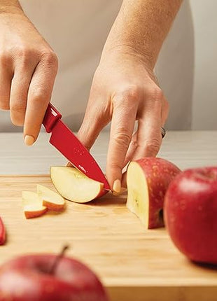 Kuhn Rikon Straight Paring Knife with Safety Sheath, 4 inch/10.16 cm Blade, Red, Yellow & Blue (Pack of 1)
