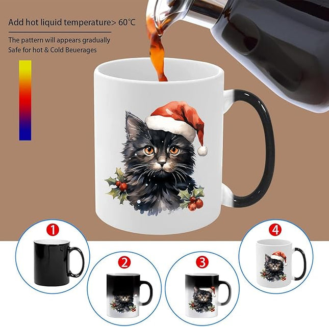 Caliamary Heat Changing Mug, Funny Cat Heat Changing Ceramic Coffee Mug, 11 oz Heat Sensitive Color Changing Coffee Mug Cup, Cute Xmas Gift Mug for Women Men Kids… (Black cat)