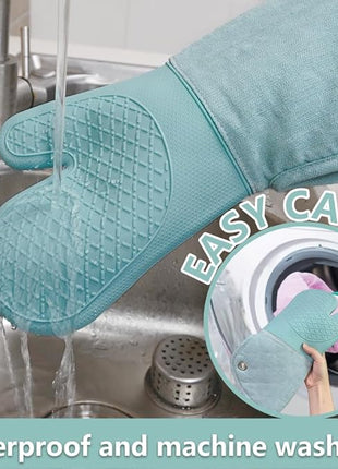 Professional Microwave Silicone Oven Mitts one Pair, Kitchen Mitten Set for Heat Resistant with 500 Degrees, Kitchen Gloves Pot Holder for BBQ Cooking Baking (Light Blue)