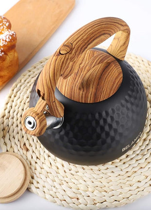BELANKO 2.7 Quart Tea Kettle for Stovetop - Food Grade Stainless Steel with Diamond Texture, Designer Teapot Look, Cool-Touch Wood Pattern Handle, Whistling Spout - Matte Black