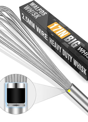 Walfos Whisk,17in Large Whisks, Heavy Duty Stainless Steel Wire Whisk Ideal For Beating Eggs, Blending Sauces, Mixing Batter.