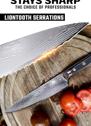 Dalstrong Serrated Chef Knife - 7.5 inch - Shogun Series Elite - Damascus - Japanese AUS-10V Super Steel - Razor Sharp Chef's Knife - Black G10 Handle - w/Sheath