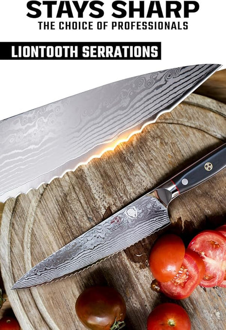 Dalstrong Serrated Chef Knife - 7.5 inch - Shogun Series Elite - Damascus - Japanese AUS-10V Super Steel - Razor Sharp Chef's Knife - Black G10 Handle - w/Sheath