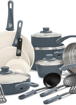 GreenLife 16 Piece Nonstick Cookware Set, Soft Grip Non-Toxic PFAS-Free Ceramic Pots & Pans, Dishwasher & Oven Safe, Frying, Sauce, Saute, Utensils, Glass Lids, Stay-Cool Handles, Wobble Free, Gray