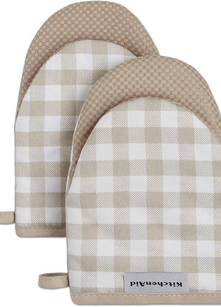 KitchenAid Gingham Mini Oven Mitt 2-Pack Set, Milkshake Tan, 5.5"x8"