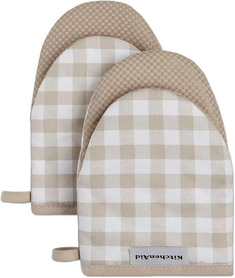 KitchenAid Gingham Mini Oven Mitt 2-Pack Set, Milkshake Tan, 5.5"x8"