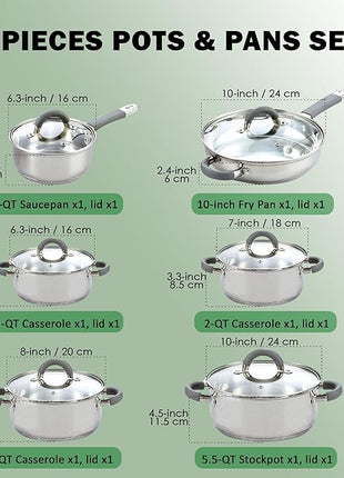 Cook N Home Kitchen Cookware Set, 12-Piece Basics Stainless Steel Pots and Pans Set with Grey Silicone Handle, Silver