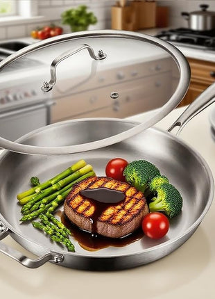 DELARLO Stainless Steel Pan, 14.2 Inch Frying Pan, Tri-Ply Skillet with Lid, Oven Safe Up to 600℉, Stainless Steel Cookware, Fast Even Heat, Large Cooking Surface,Non Toxic Large Skillet