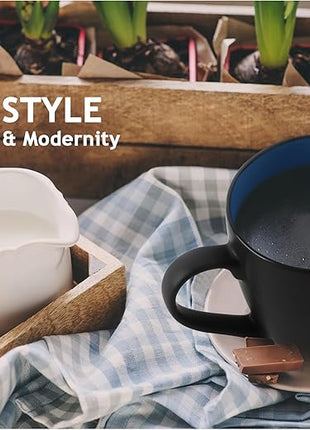 MIAMIO - Set of 6 Stoneware Coffee Mugs 12 Ounce/Cup Set - Le Papillon Collection (Black-Blue)