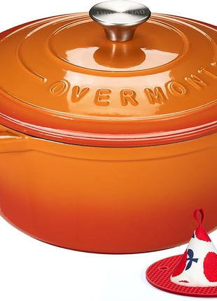 Overmont Enameled Cast Iron Dutch Oven - 4.5QT Pot with Lid Cookbook & Cotton Potholders - Heavy-Duty Cookware for Braising, Stews, Roasting, Bread Baking orange