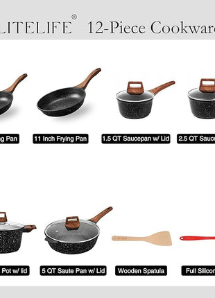 ESLITE LIFE Nonstick Cookware Sets, 12 Pcs Granite Coating Pots and Pans Set Kitchen Cooking Set, Compatible with All Stovetops (Gas, Electric & Induction), PFOA Free, Black