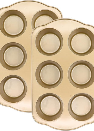 Jumbo Muffin Pan 2 Pack, Nonstick Large Cupcake Pan 6 Cup, Heavy Duty 0.5mm Thick Steel Big Muffin Tins for Baking, 3.5inch Dia, Gold