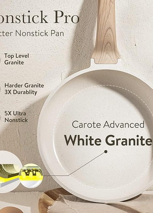CAROTE Non Stick Frying Pan Skillet, Omelet Pan, Healthy Non Toxic Granite Chef Pan, Induction Compatible Egg Frying Pan with Heat-Resistant Handle, PFOA-Free, Cream White, 12"