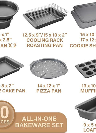 HONGBAKE Bakeware Sets, Baking Pans Set with Kitchen Utensils, Nonstick Oven Pan with Wider Grips, 17 Pieces Including Rack, Cookie Sheet, Cake, Loaf, Muffin, Pizza Pan