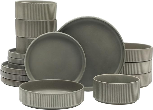 Gibson Elite Deerfield 16-Piece Stoneware Dinnerware Set – Soft Grey Reactive Glaze, Stackable Plates and Bowls, Service for 4 – Microwave & Dishwasher Safe