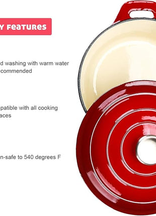 Puricon 5.5 Quart Enameled Cast Iron Dutch Oven with Lid, 5.5 QT Deep Round Dutch Oven Pot with Dual Handles -Red