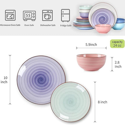 Selamica Ceramic Dinnerware Sets for 6, 18 Pieces Plates and Bowls Set, Scratch Resistant Dishes Set, Handpainted Swirl with Spot Dishwasher & Microwave Safe, Gradient Color