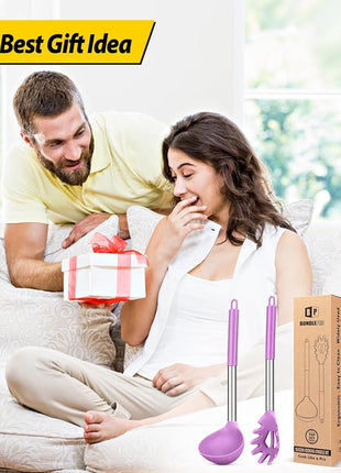 Silicone Pasta Fork and Ladle Spoon Set, Large Non Stick Kitchen Utensils for Cooking,Stirring,Serving Spaghetti, Soup, Sauce (PURPLE)