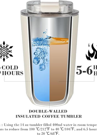 Puraville Insulated Tumblers with Lid, 14 oz Travel Coffee Mug Stainless Steel Vacuum Cup, Leak Proof Reusable Double Walled Coffee Tumbler for Iced and Hot Drinks, Cream