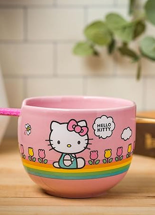 Silver Buffalo Hello Kitty Spring and Summer Flowers Rainbow Stripes Ceramic Ramen Noodle Rice Bowl with Chopsticks, Microwave Safe, 20 Ounces