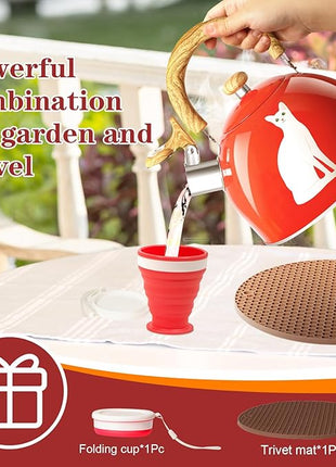 ARC Stainless Steel Red Whistling Tea Kettle, Magic Color Changing Design 2-Quart Stovetop Kettle Whistle Teapot with Folding Cup & Trivet Mat