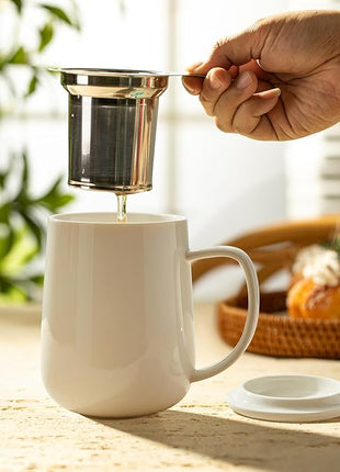 Sweese 20 OZ Porcelain Tea Mug with Infuser and Lid, Loose Leaf Tea Cup, Gifts for Tea Lover - White