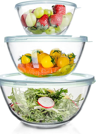 WhiteRhino Glass Mixing Bowls Glass Bowls with Lids Set(4.5QT,2.7QT, 1.1QT),Large Salad Bowls,glass mixing bowl Space-Saving Nesting Storage bowls for Cooking,Baking,Prepping,Dishwasher Safe