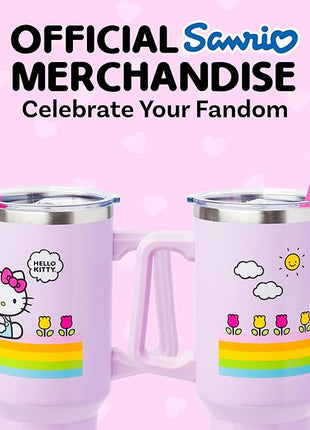 Silver Buffalo Sanrio Hello Kitty Spring and Summer Flowers Rainbow Stripes Stainless Steel Tumbler with Handle and Straw, Fits in Standard Cup Holder, 40 Ounces